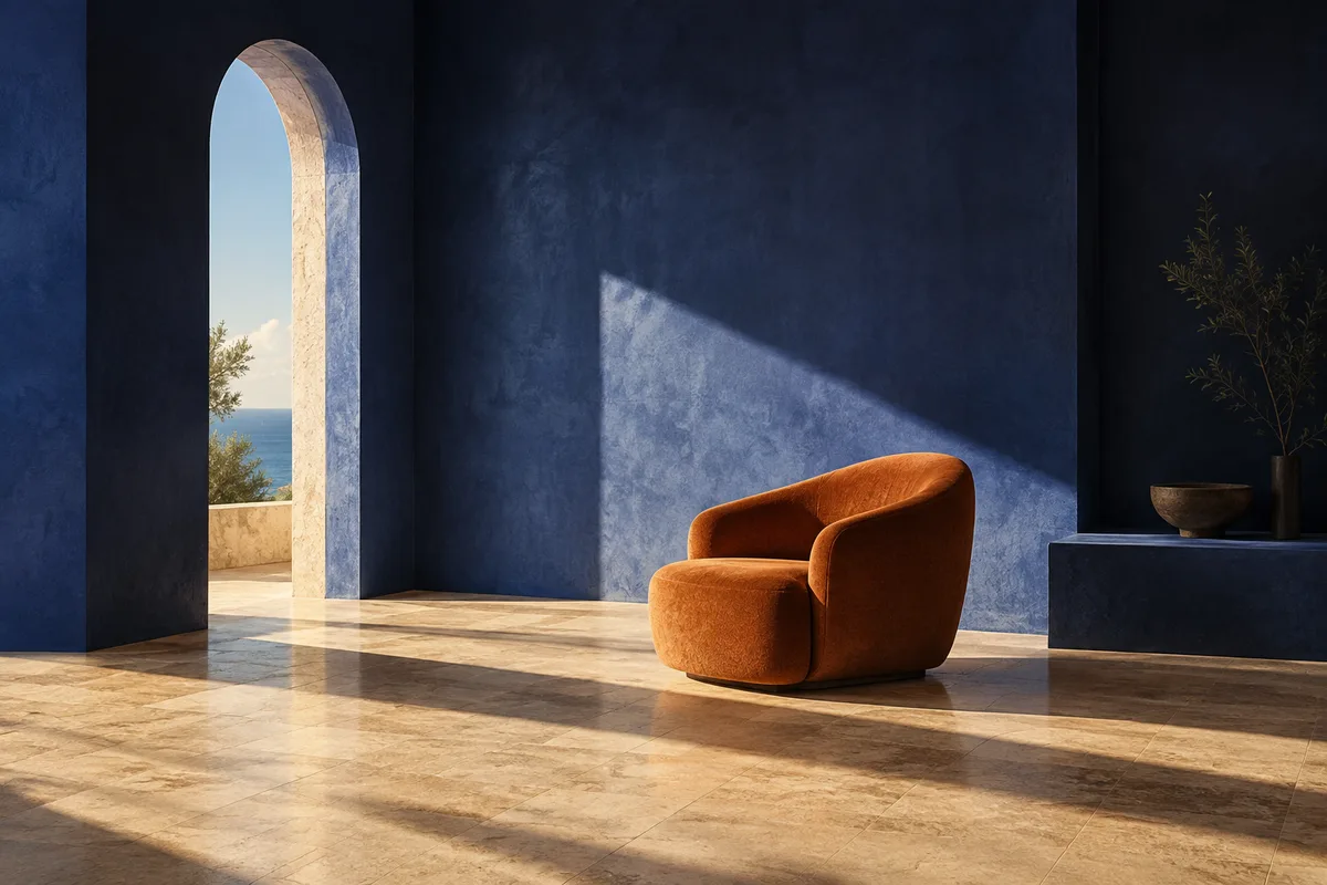 An amber lounge chair in a sunlit indigo interior, shown in an example website review.